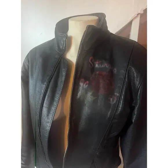 Vintage Leather jacketsnatched corset waste, airbrush Rose Sturgis 50th 1990